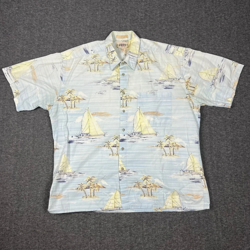 Campia Moda Hawaiian Shirt Mens XL Light Blue Sailboat Palm Tree Tropical Cotton